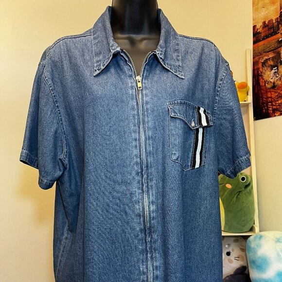 None Tops - Carolina Bay Vintage Blue Denim Zip Front Short Sleeve Blouse Size XL
